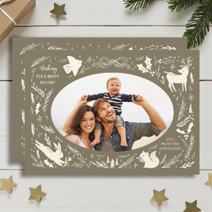 Olive Green Woodland Happy Holidays Family Photo Holiday Card