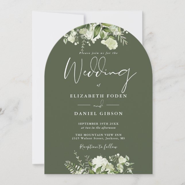 Olive Greenery Floral Monogram Wedding Arch Invitation (Front)