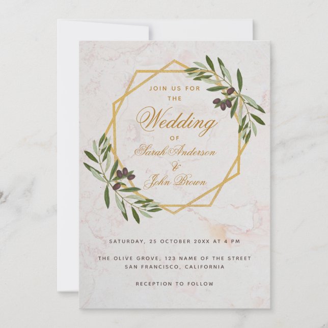 Olive Greenery Gold Botanical Geometric Wedding Invitation (Front)