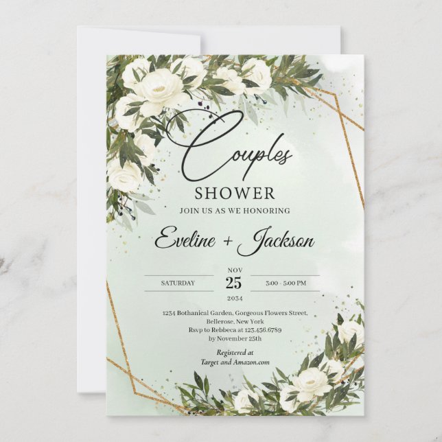 Olive greenery white roses gold frame couples  invitation (Front)