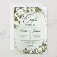 Olive greenery white roses gold frame couples 