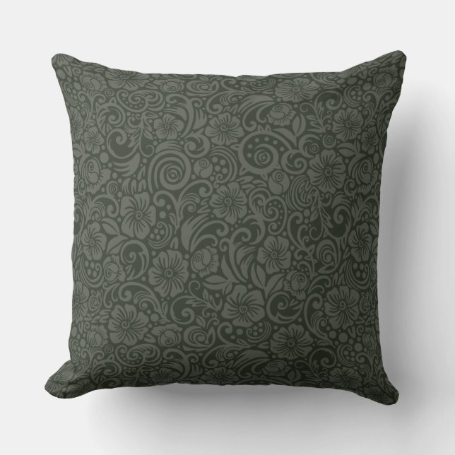 Olive Grey Floral Pattern Throw Pillow (Front)