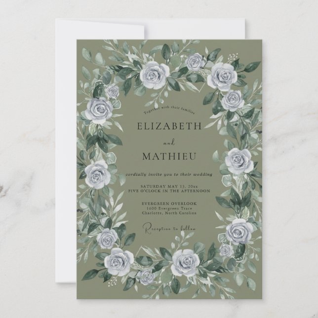 Olive Grey Wreath Wedding Invitation (Front)