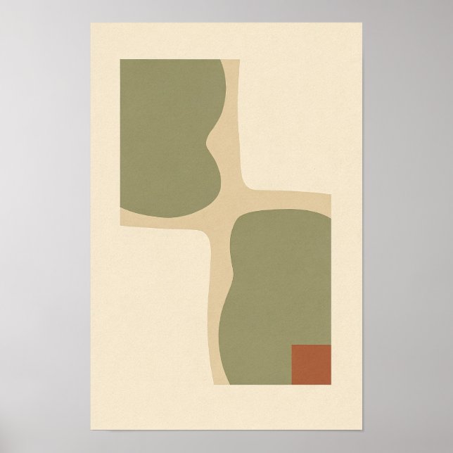 Olive Grid with Terracotta Corner Abstract Poster (Front)