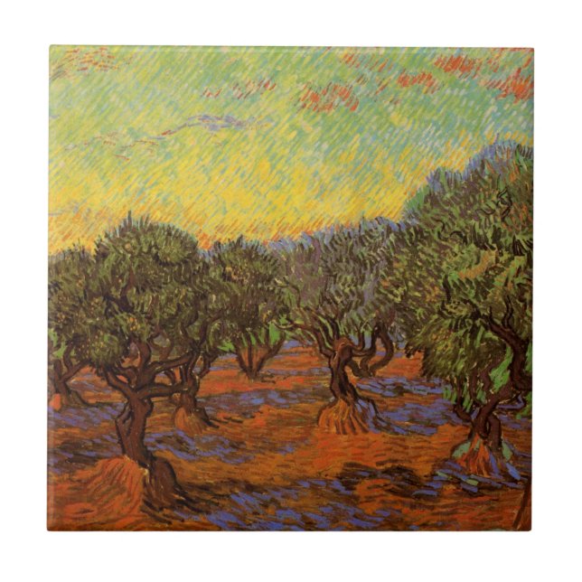 Olive Grove, Orange Sky by Vincent van Gogh Tile (Front)