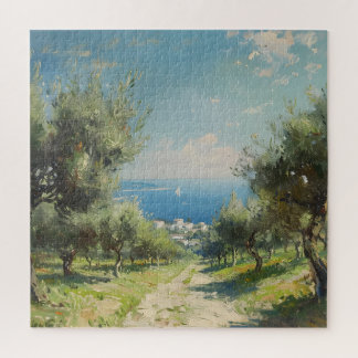 Olive Grove with Coastal Village and Sea Jigsaw Puzzle