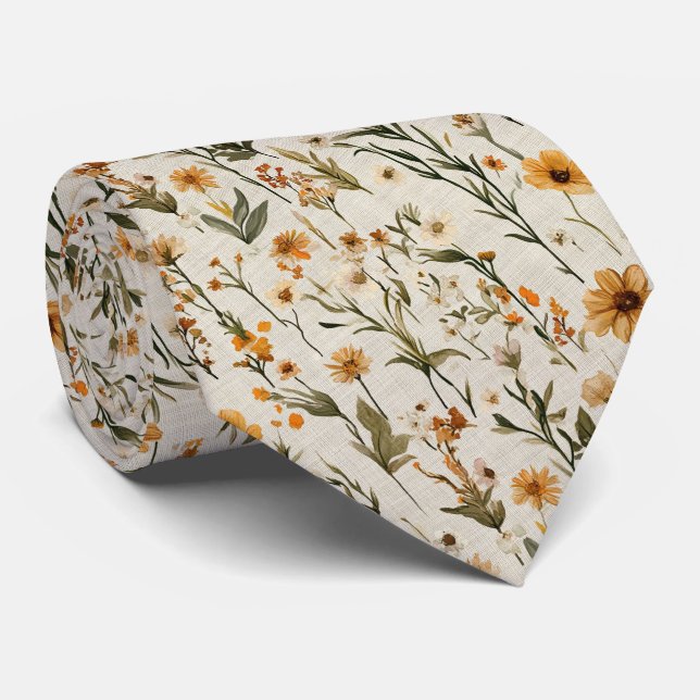 Olive & Harvest Orange Field Floral Wedding Tie (Rolled)