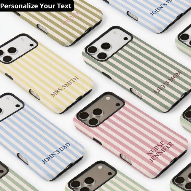 Olive Khaki Vertical Stripe Bridesmaid Name Script (Custom Modern Stripes iPhone Cases Gift for Wedding | Bachelorette party | Mother’s day | Graduates)
