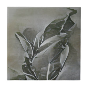 Olive leaf grey etching abstract graphic art tile