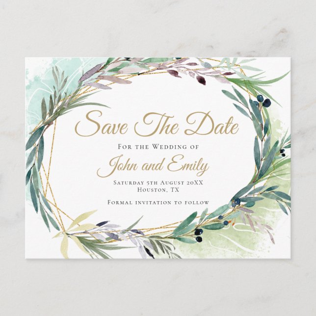 Olive Leaf Watercolor Frame/Save The Date Postcard (Front)