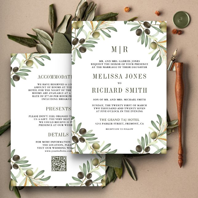 Olive Leaves All in One QR Code Formal Wedding Invitation (Creator Uploaded)