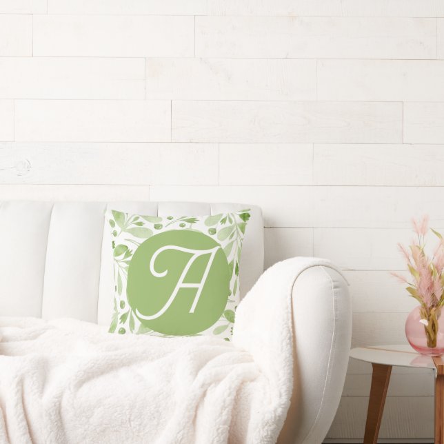 Olive Leaves and Initial Throw Pillow (Couch)