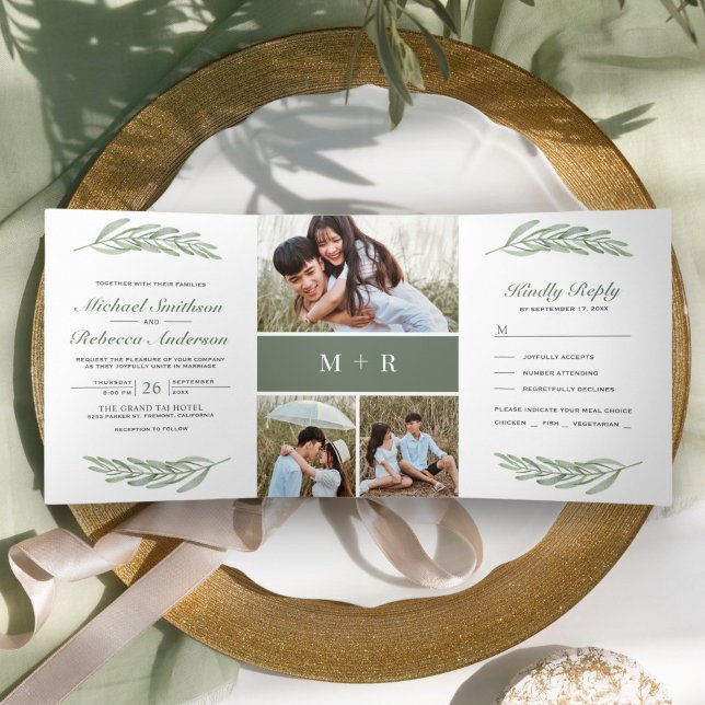 Olive Leaves Branch Photo Collage 3 in 1 Wedding Tri-Fold Invitation (Creator Uploaded)