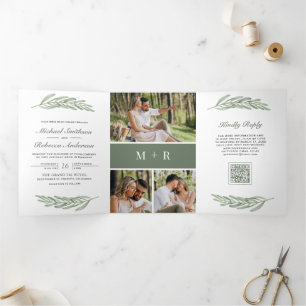 Olive Leaves Branch Photo Collage QR Code Wedding Tri-Fold Invitation