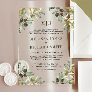 Olive Leaves Formal Wedding Acrylic Invitations