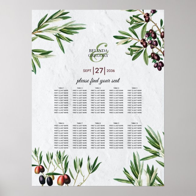 Olive Leaves Greek Island Wedding Seating Chart (Front)