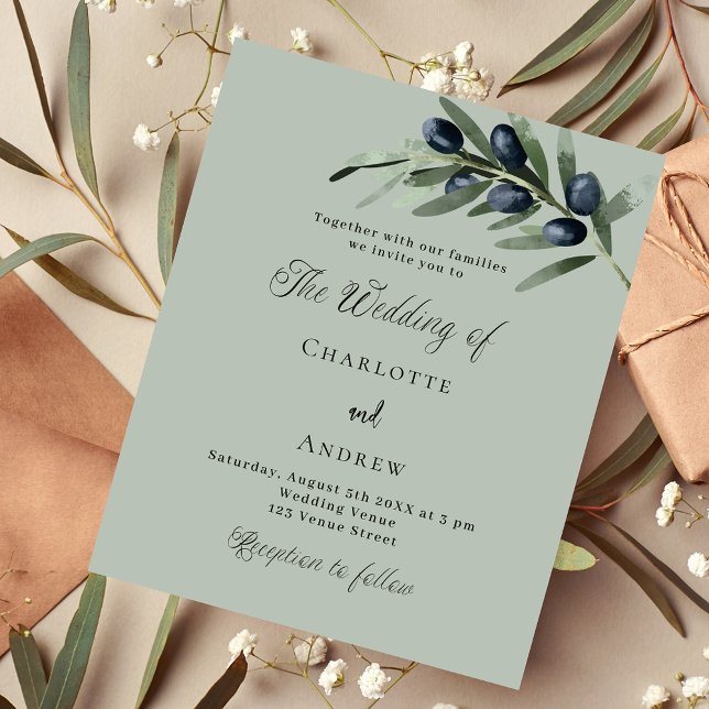 Olive leaves greenery budget wedding invitation (Creator Uploaded)