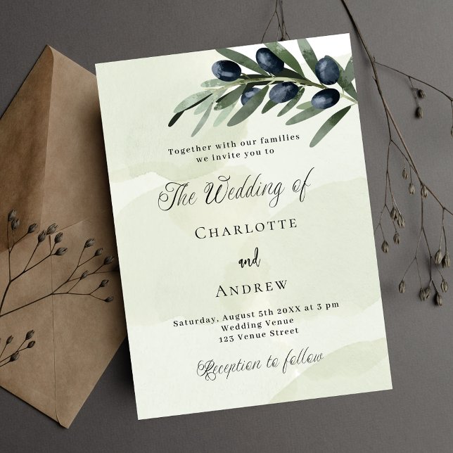 Olive leaves greenery watercolor script wedding invitation (Creator Uploaded)