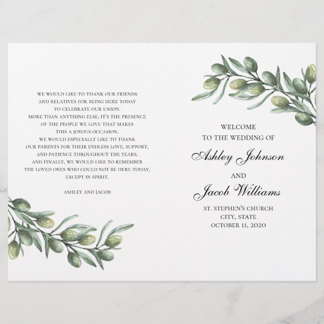 Olive leaves. Italian wedding program folded (Front)