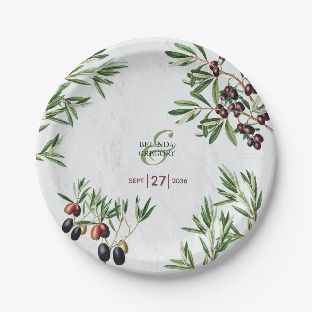 Olive Leaves Mediterranean Greek Island Wedding  Paper Plate (Front)