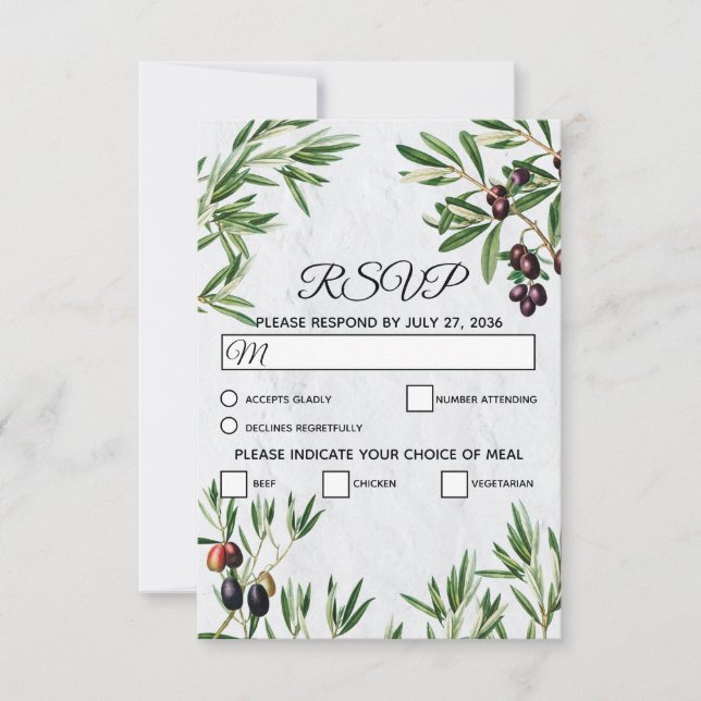 Olive Leaves Mediterranean Greek Island Wedding  RSVP Card (Front)