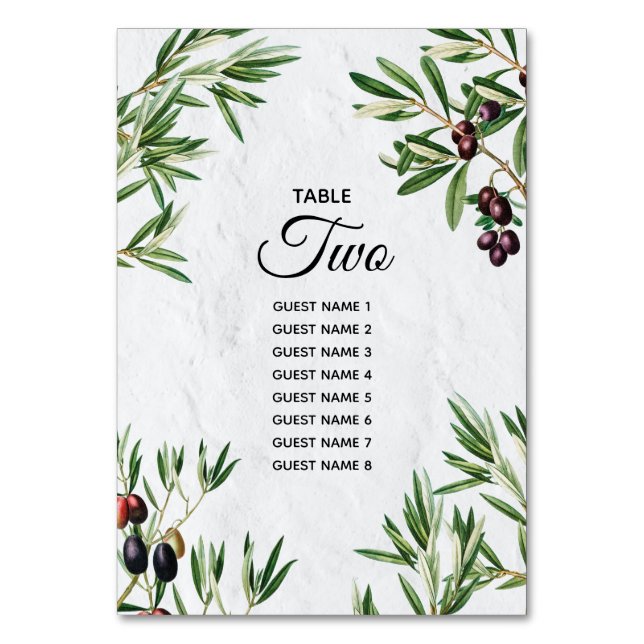 Olive Leaves Mediterranean Greek Island Wedding  Table Number (Front)