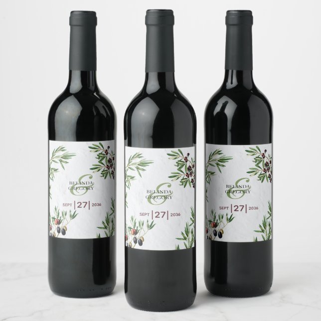 Olive Leaves Mediterranean Greek Island Wedding Wine Label (Bottles)