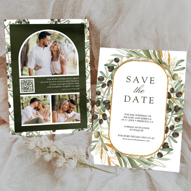 Olive Leaves Photo Collage QR Code Wedding Save The Date (Creator Uploaded)