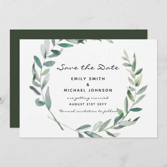 Olive Leaves Save The Date Card Modern (Front/Back)