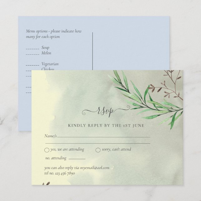 Olive Leaves Wedding Dusty Blue Lemon RSVP Postcard (Front/Back)