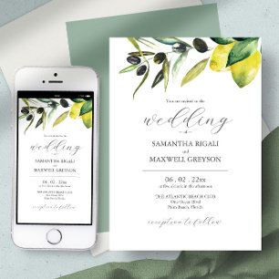 Olive Lemon Wedding Elegant Watercolor Botanical Invitation