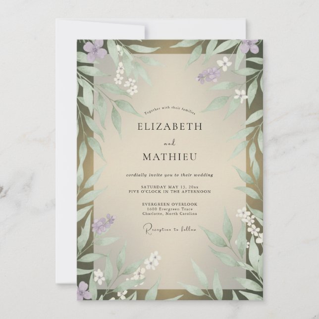 Olive Lilac Leafy Wedding Invitation (Front)