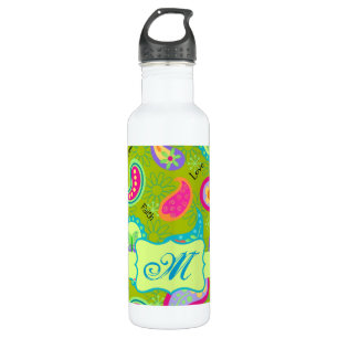 Olive Lime Green Modern Paisley Pattern Monogram 710 Ml Water Bottle
