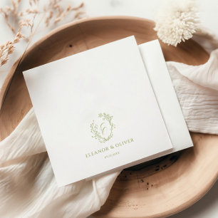 Olive Line Art Floral Crest Wedding  Napkin