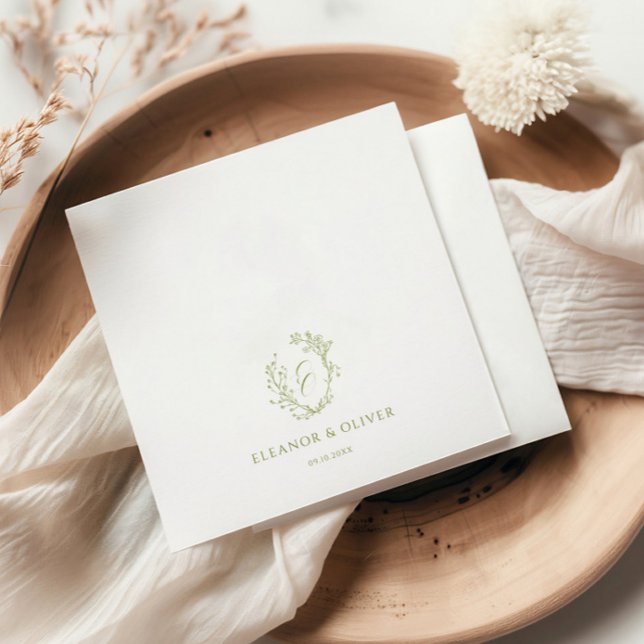 Olive Line Art Floral Crest Wedding  Napkin (Creator Uploaded)