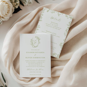 Olive Line Art Floral Monogram Crest Wedding Invitation