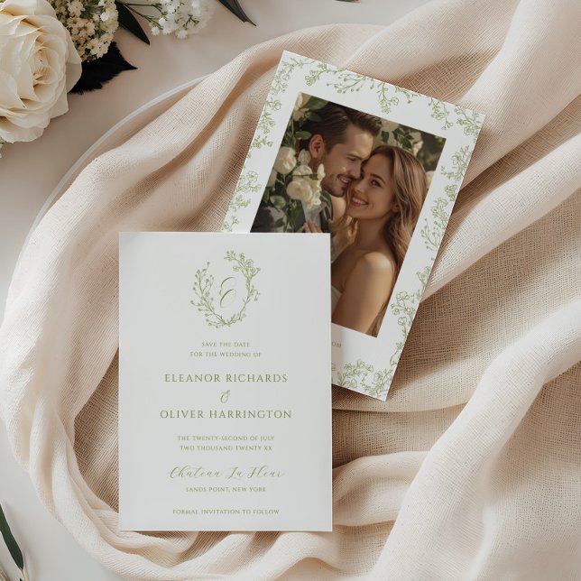 Olive Line Art Floral Monogram Crest Wedding Save The Date (Creator Uploaded)