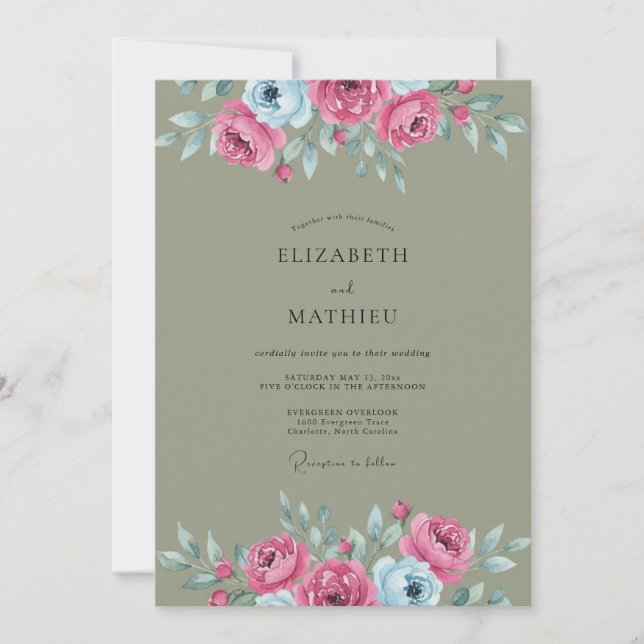 Olive Magenta Cyan Petal Wedding Invitation (Front)