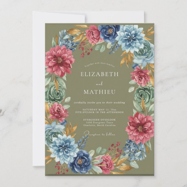 Olive Magenta Dahlia Wedding Invitation (Front)