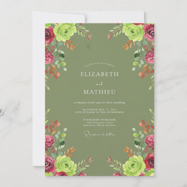 Olive Magenta Rose Wedding Invitation (Front)