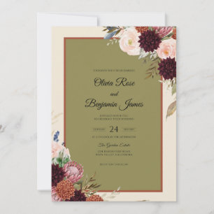Olive Maroon Dahlia Wedding Invitation