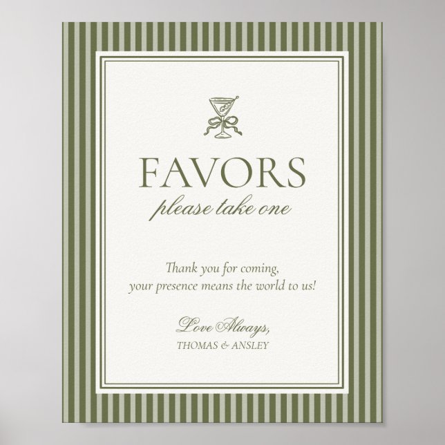 Olive Martini Green Striped Wedding Favors Sign (Front)