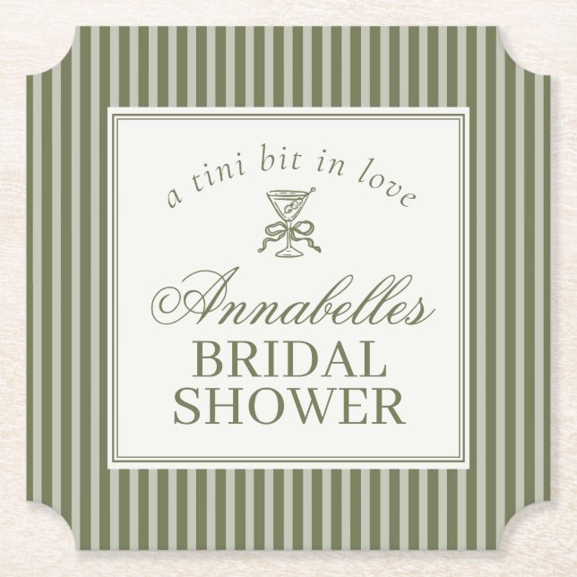 Olive Martini Old Money Striped Bridal Shower Paper Coaster (Front)
