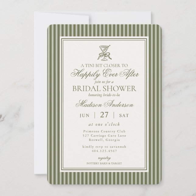 Olive Martini Tini Bit Closer Stripe Bridal Shower Invitation (Front)
