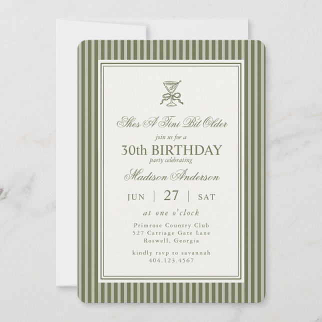 Olive Martini Tini Bit Older Striped Birthday Invitation (Front)