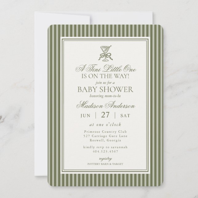 Olive Martini Tini Little One Striped Baby Shower Invitation (Front)