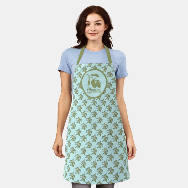 Olive Me Loves Olive You Cute Olive Patterned  Apron (Worn)
