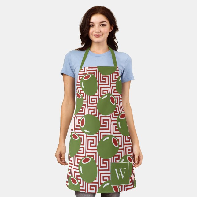 Olive Mediterranean Greek Key  Apron (Worn)