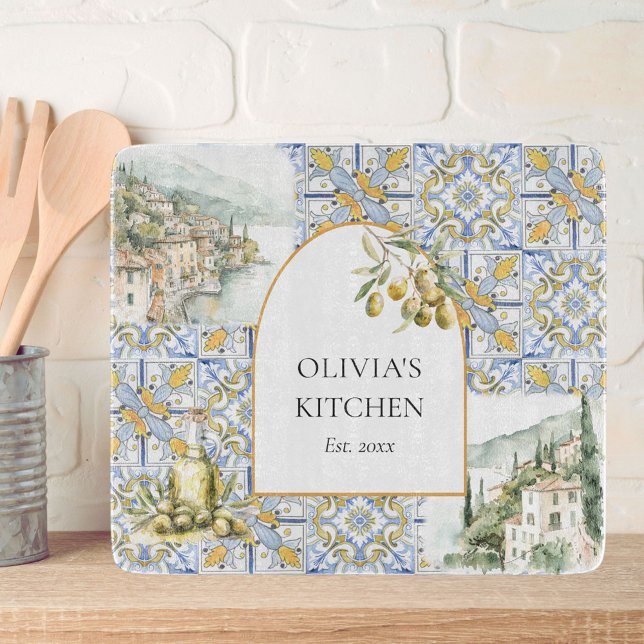 Olive Mediterranean Yellow Blue Tile Pattern Cutting Board (In situ)