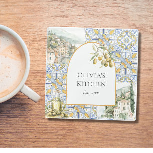 Olive Mediterranean Yellow Blue Tile Pattern Glass Coaster